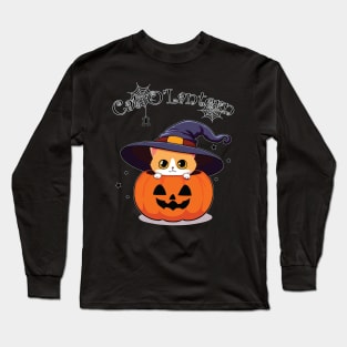 Cat with witch hat in Halloween Jack-O-Lantern or Jack-O’Lantern Long Sleeve T-Shirt